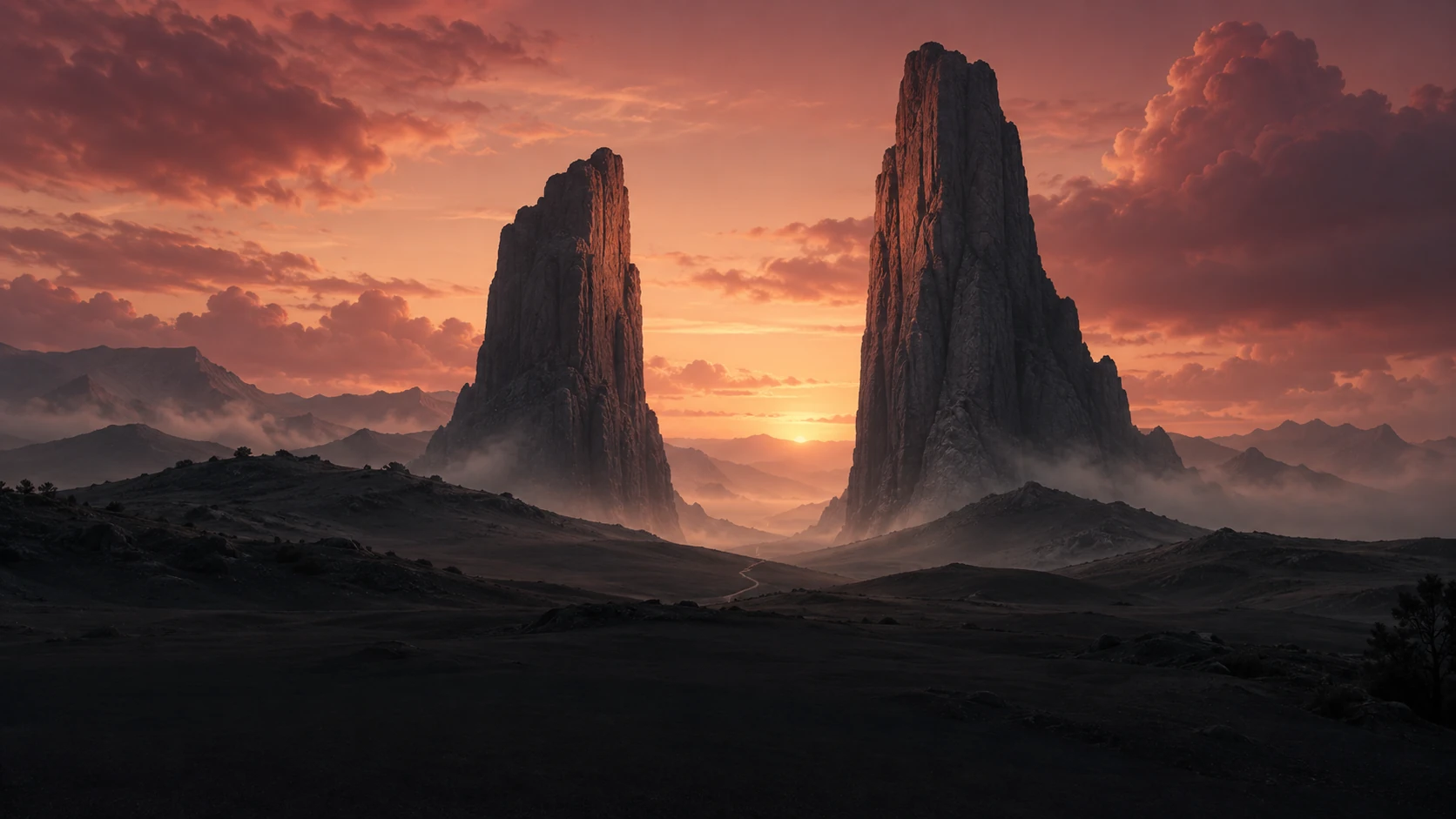 Atmospheric dark stone gateway in soft burgundy clouds, opening toward warm sunset light